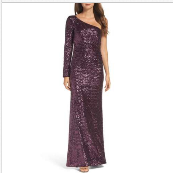 Sequin One Shoulder Long Sleeve Formal Gown Prom - Picture 6 of 7